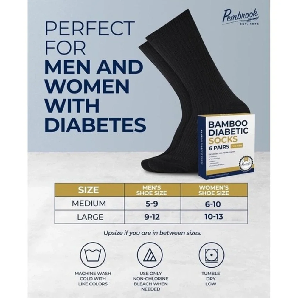 Pembrook‎ Bamboo Diabetic Socks  6 Pairs Crew Length  Sz Medium Black